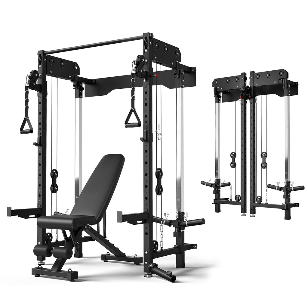 MITONOS Wall Mounted Folding Squat Rack,1200 lbs Power Rack with Dual Independent Pulley System, Functional Trainer for Space Saving Home Gym with 1000 lb Weight Bench