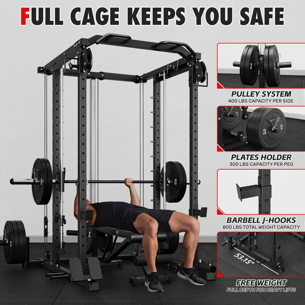 Mitonos Multi-Function Smith Power Cage, 2000 LBS Heavy Duty Squat Rack with Dual Cable Crossover System, All-in-One Home Gym Strength Training Frame with Fitness Accessories