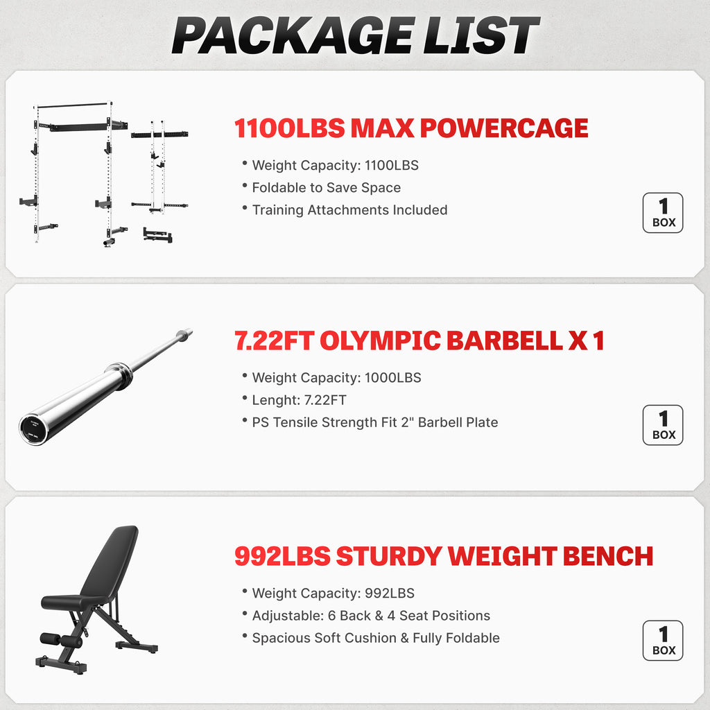 MITONOS Wall Mount Foldable Squat Power Rack, Compact 1100 lbs Weight Capacity Home Gym Training Station,Heavy-Duty Steel Space Efficient Workout Frame with Pull-up Bar and 360° Landmine,White Machine with Barbell and Bench