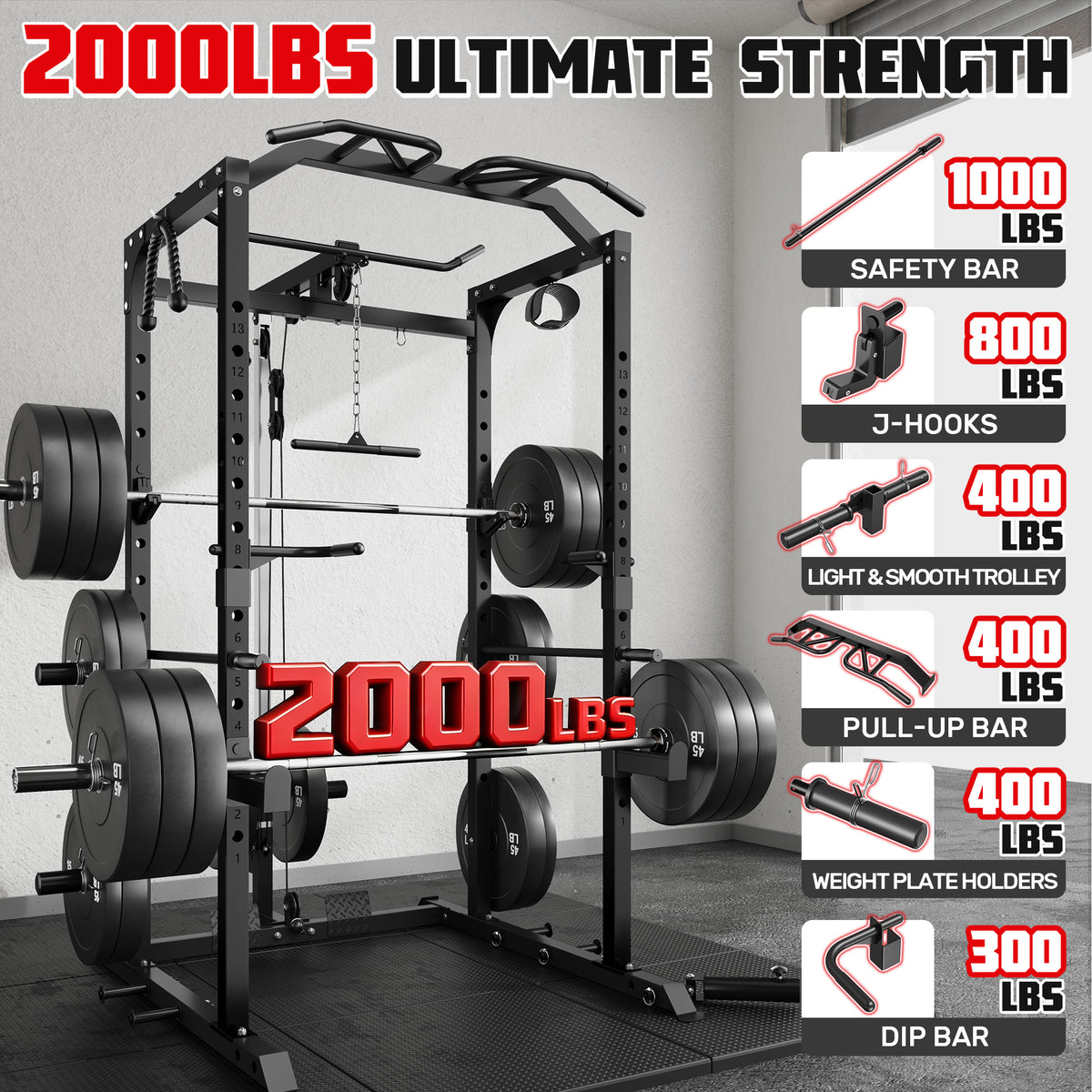 MITONOS 2000LBS Power Cage, Multi‑Function Squat Power Rack with LAT Pulldown, Pull‑Up Bar & Cable Pulley System for Home Gym