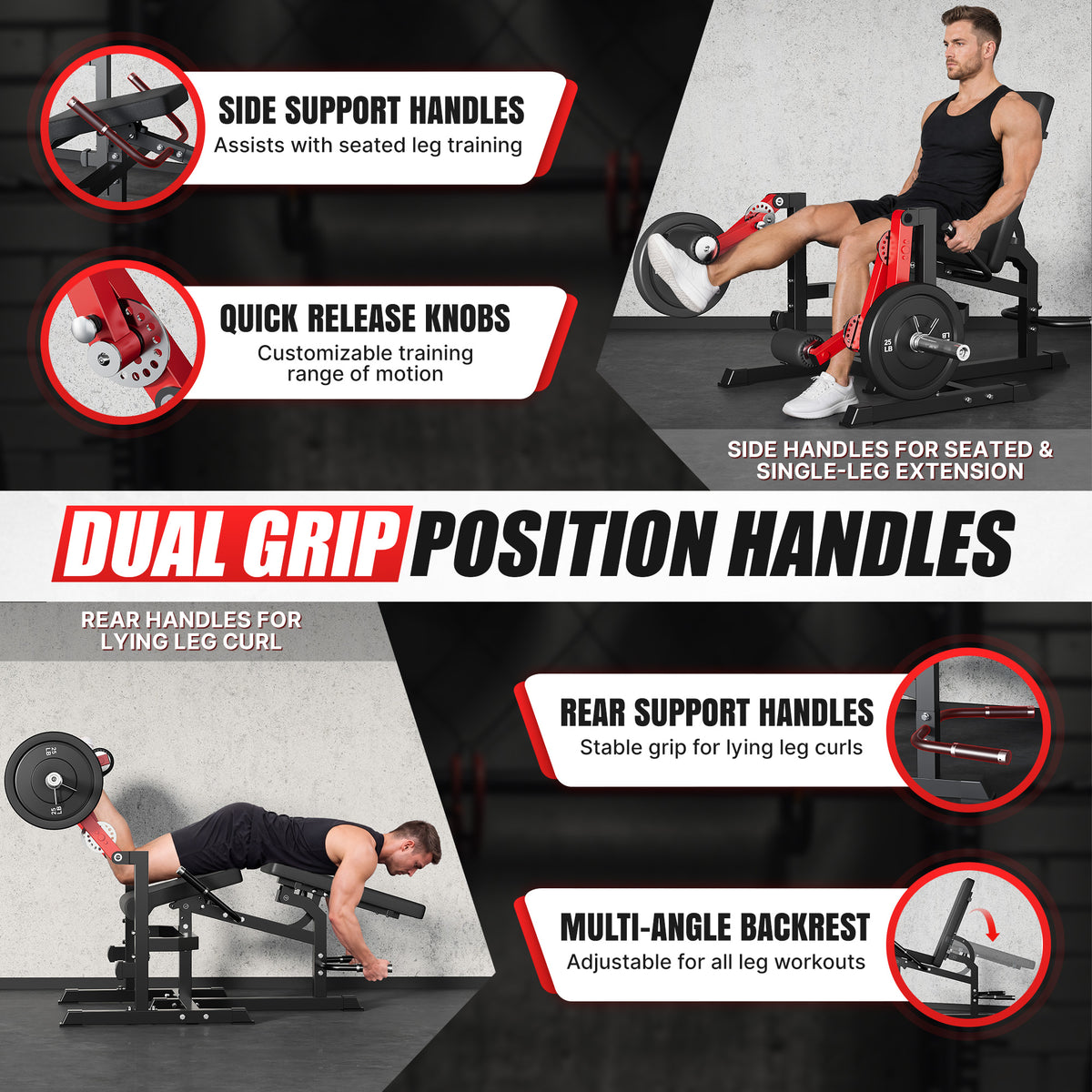 Mitonos Dual Independent Leg Machine Adjustable Unilateral Lower Body Training Equipment Plate Loaded Leg Extension and Leg Curl Machine for Home Gym, Red with 70LBS Black Weight Plates Set