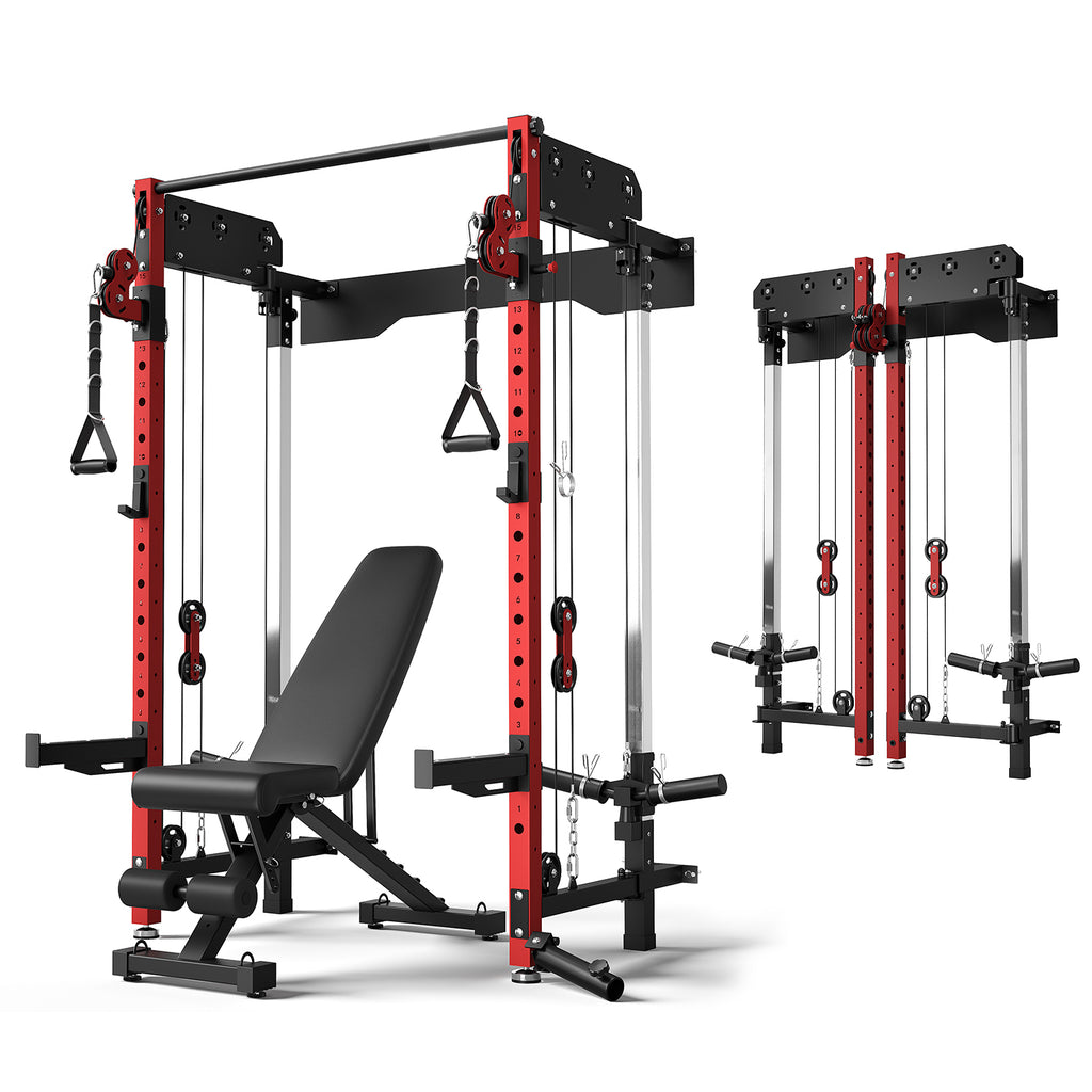 Wall Mounted Folding Squat Rack,1200 LBS Power Rack with Dual Independent Pulley System, 5 Adjustable Modes, Functional Trainer for Space Saving Home Gym with 1000 LB Weight Bench,Red