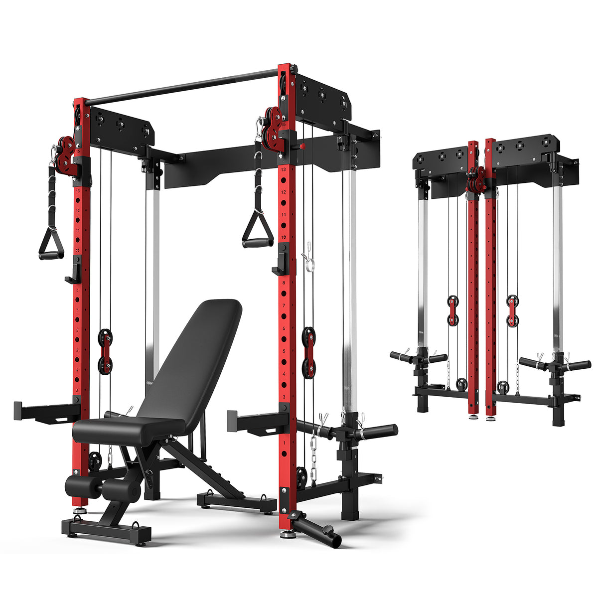 Wall Mounted Folding Squat Rack,1200 LBS Power Rack with Dual Independent Pulley System, 5 Adjustable Modes, Functional Trainer for Space Saving Home Gym with 1000 LB Weight Bench,Red