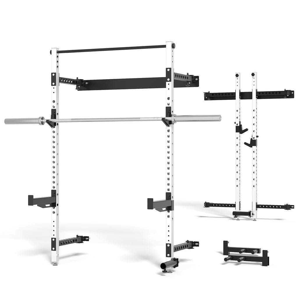MITONOS Wall Mount Foldable Squat Power Rack, Compact 1100 lbs Weight Capacity Home Gym Training Station,Heavy-Duty Steel Space Efficient Workout Frame with Pull-up Bar and 360° Landmine，White Machine with barbell bar