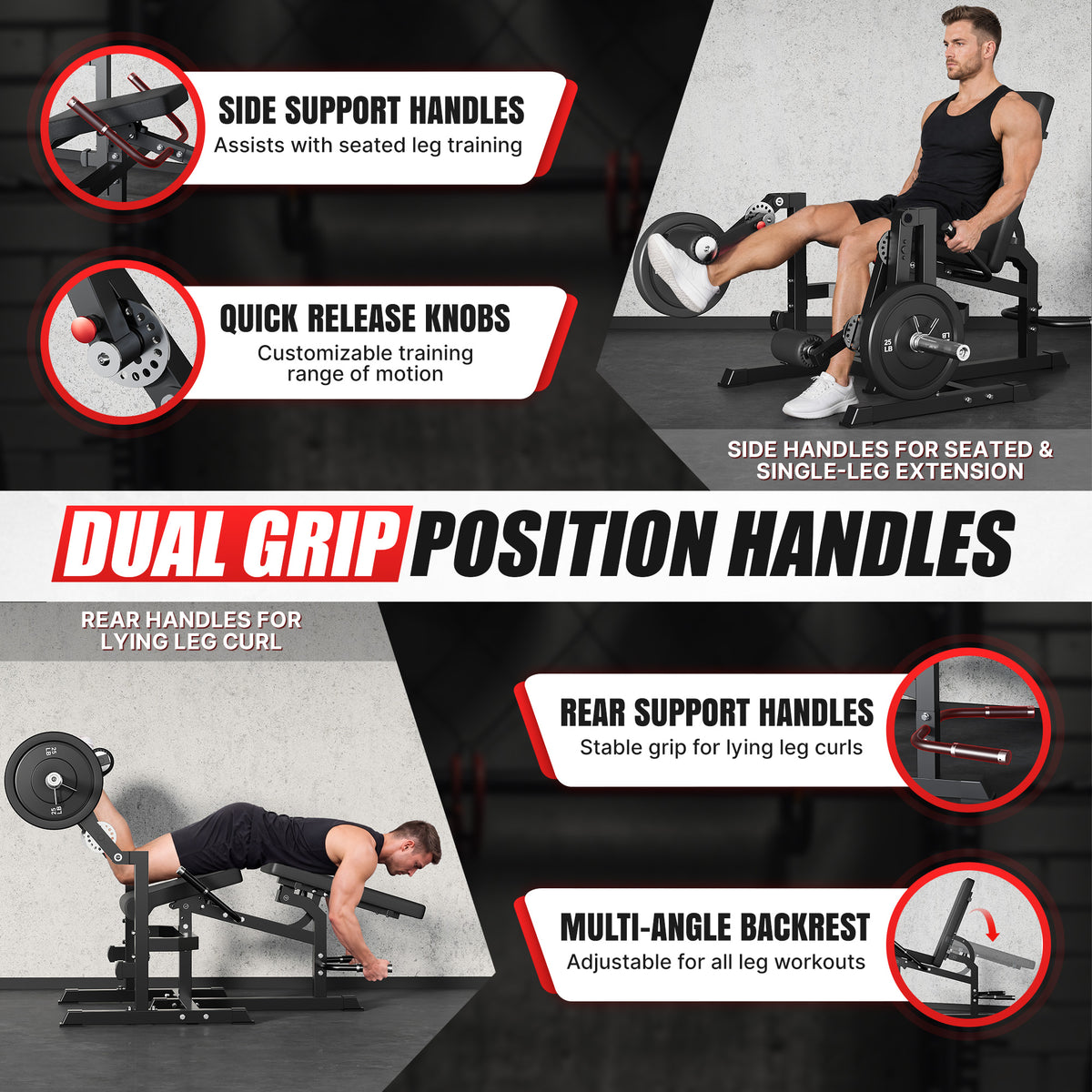 Mitonos Dual Independent Leg Machine Adjustable Unilateral Lower Body Training Equipment Plate Loaded Leg Extension and Leg Curl Machine for Home Gym,Black with 70LBS Black Weight Plates Set