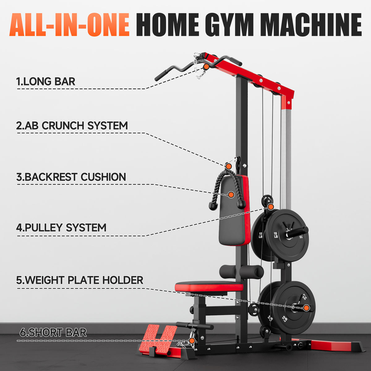 MITONOS 3 in 1 LAT Pulldown Machine,LAT Row Cable Machine with AB Crunch and Cable Row Attachments for Home Gym,High or Low Pulley Stations with Weight Plates (Red)