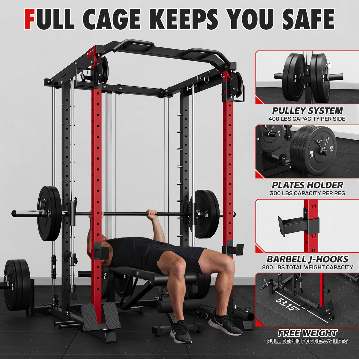 Mitonos Multi-Function Smith Power Cage, 2000 LBS Heavy Duty Squat Rack with Dual Cable Crossover System, All-in-One Home Gym Strength Training Frame with Fitness Accessories