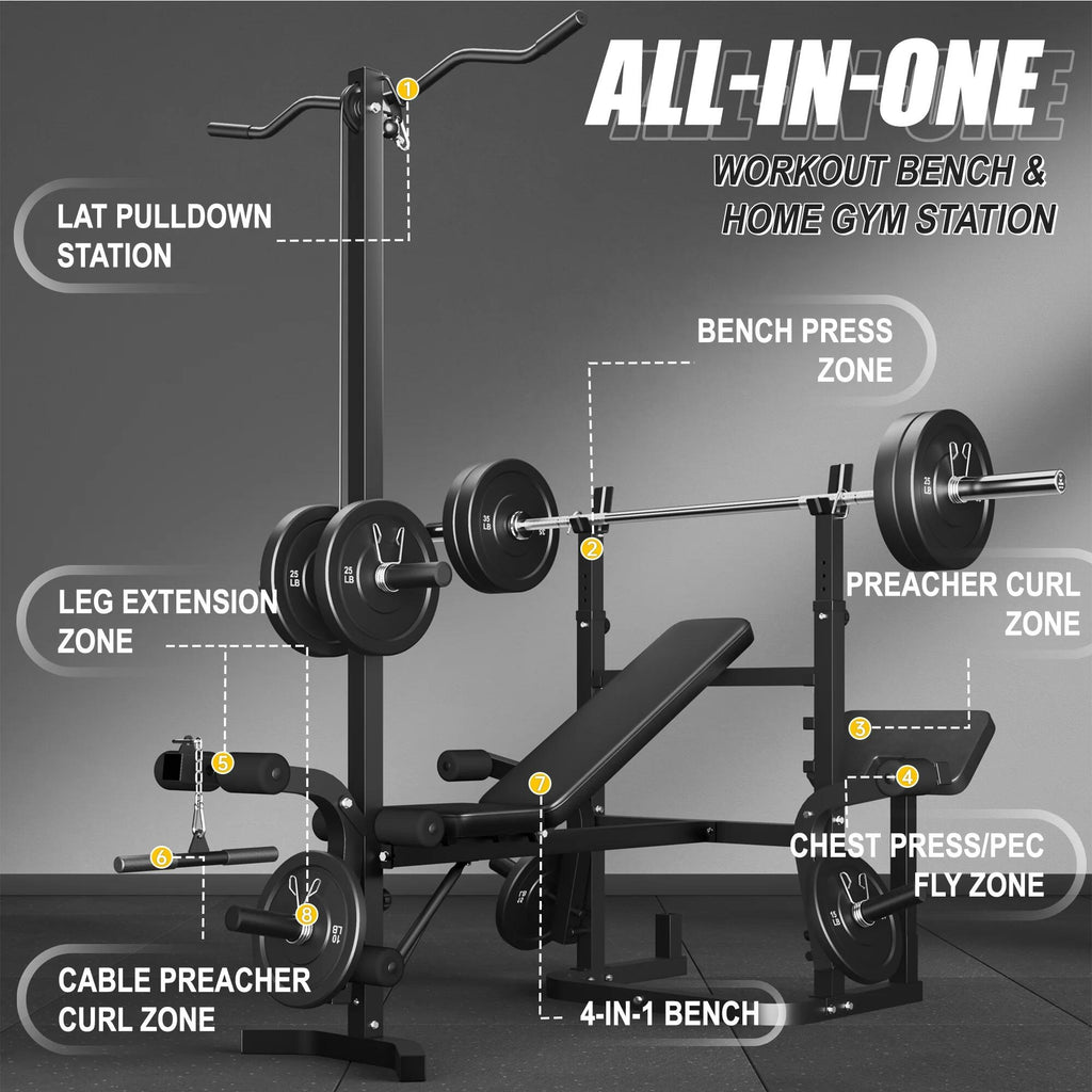 900LBS Olympic Weight Bench,9 in 1 Multifunction Strength Training Bench with Leg Extension,Preacher Curl Pad and LAT Pulldown for Home Gym with Olympic Bar and 120lb Weight Plates,Black