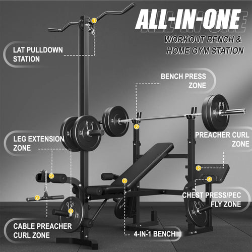900LBS Olympic Weight Bench,9 in 1 Multifunction Strength Training Bench with Leg Extension,Preacher Curl Pad and LAT Pulldown for Home Gym with Olympic Bar and 120lb Weight Plates,Black