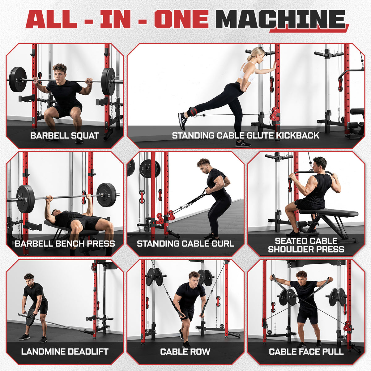 Foldable Power Rack Cage,1200 LBSWall Mounted Squat Rack, 5 Adjustable Modes, Functional Trainer for Space Saving Home Gym with 1000 LB Weight Bench and Barbell ,Red