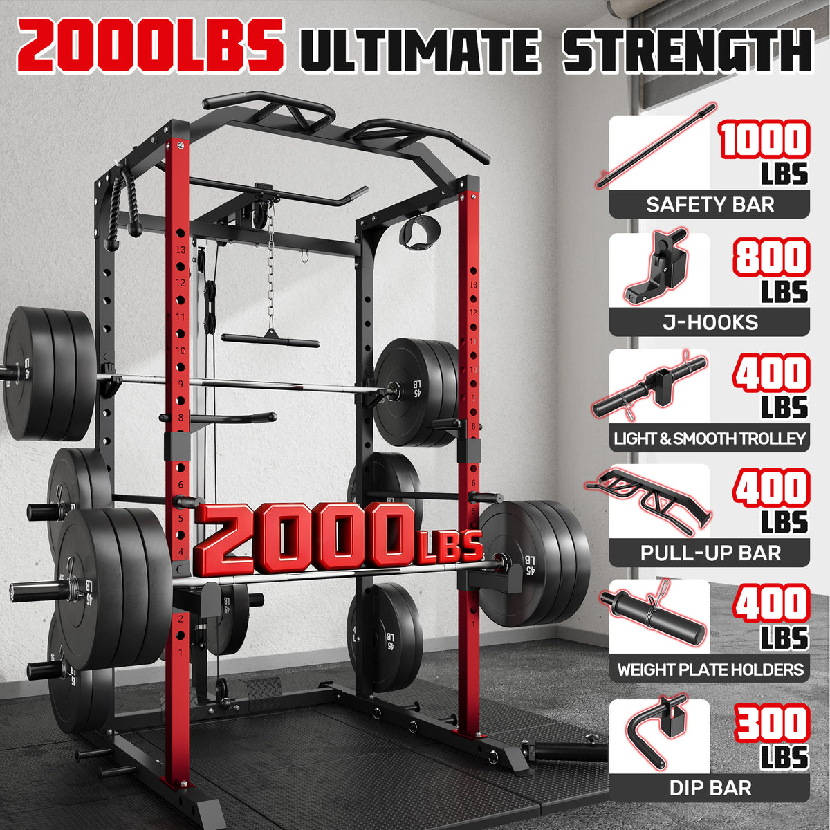 Power Rack Power Cage with LAT Pulldown Attachment and Pull Up Bar,2000LBS Squat Rack for Home Gym