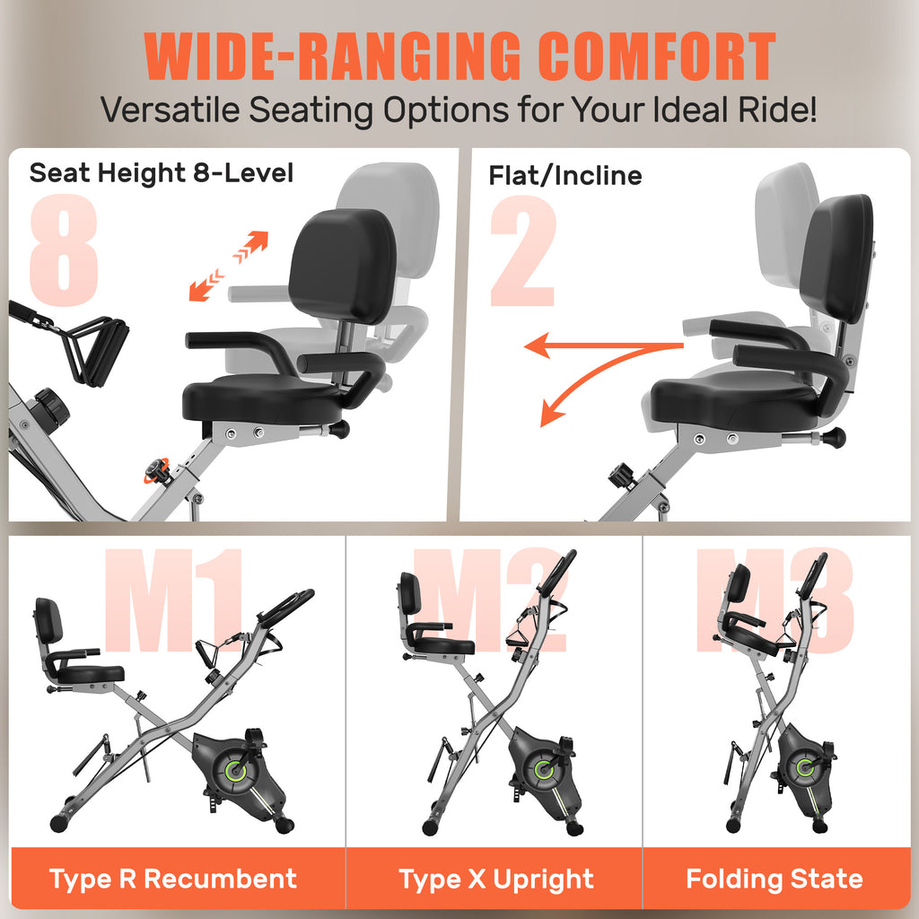 MITONOS Exercise Bike for Home,5 in 1 Foldable Stationary Bike for Seniors,16 Level Adjustable Magentic Resistance,Women Recumbent Bike with 330LB Capacity,Indoor Cardio Workout Bike with Backrest