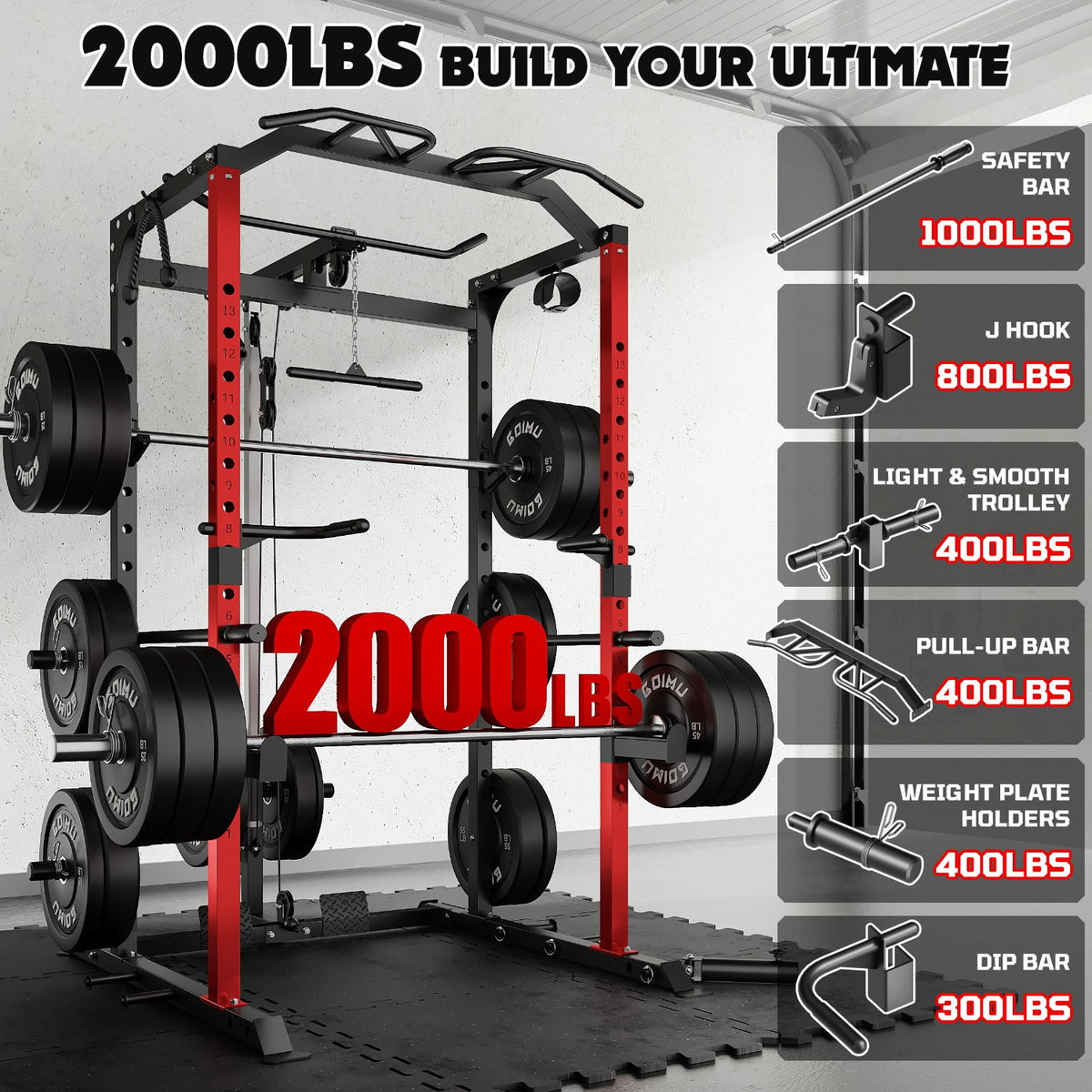 MITONOS C1-V4 Power Cage, 2000LBS Squat Rack with LAT Pulldown, Multi-Function Weight Cage Strength Training Machine, Workout Cage with More Attachments for Home Gym Garage , RD