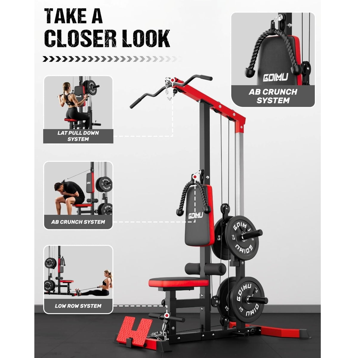 MITONOS 3 in 1 LAT Pulldown Machine,LAT Row Cable Machine with AB Crunch and Cable Row Attachments for Home Gym,High or Low Pulley Stations with 100LBS Weight Plates (Red)