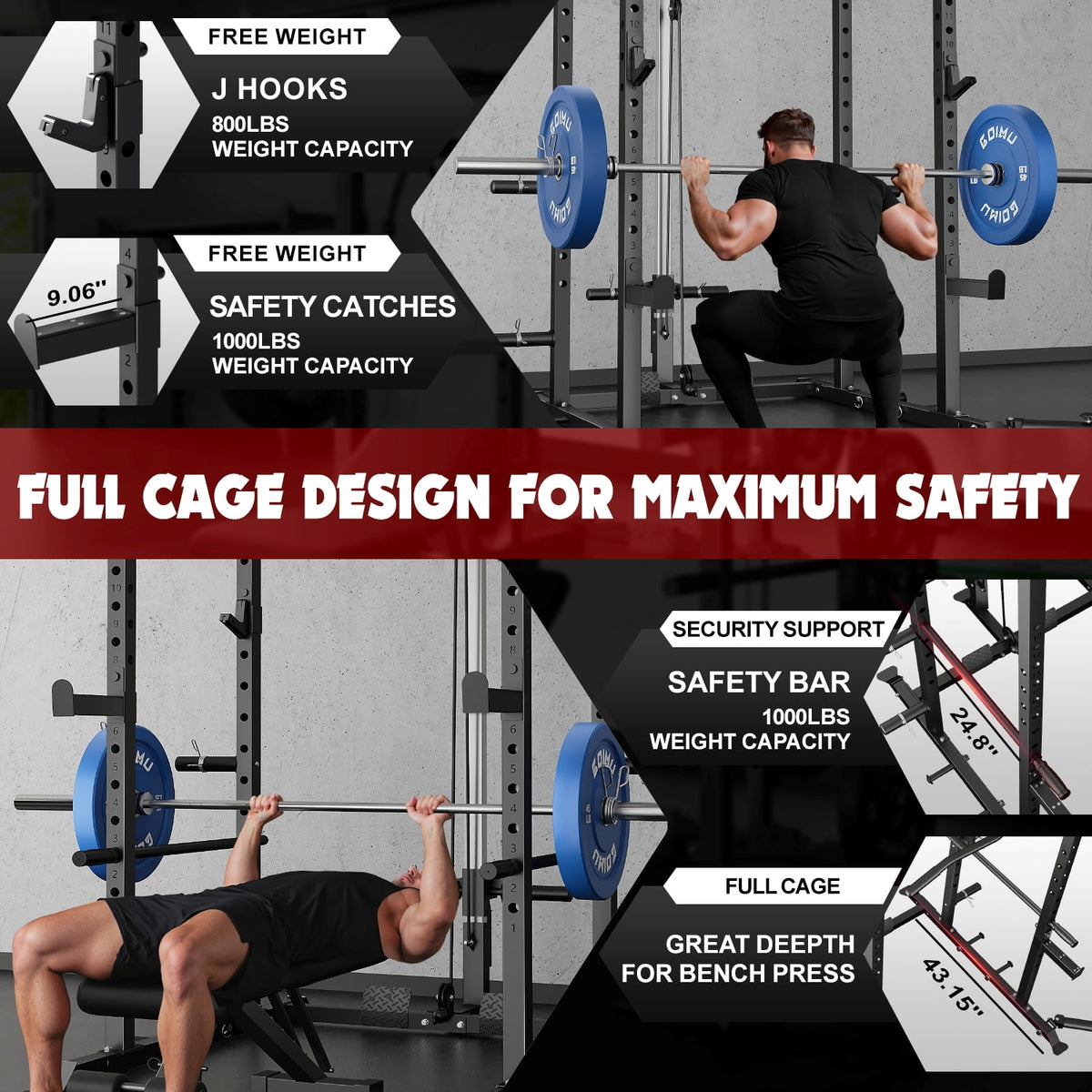 MITONOS Power Cage, 2000LBS Squat Rack with LAT Pulldown, Multi-Function Power Rack Strength Training Machine, Weight Lifting Equipment with More Attachments for Home Gym Garage , BK
