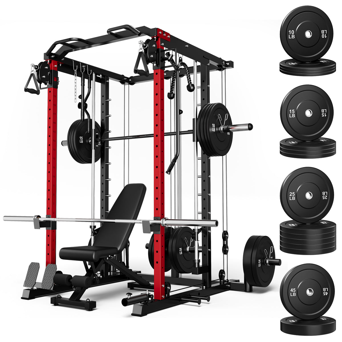Mitonos Multi-Function Smith Power Cage, 2000 LBS Heavy Duty Squat Rack with Dual Cable Crossover System, All-in-One Home Gym Strength Training Frame with Fitness Accessories