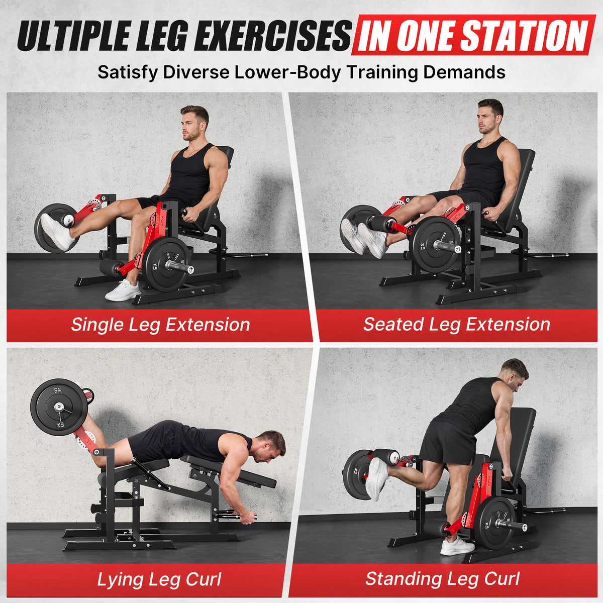 Mitonos Dual Independent Leg Machine Adjustable Unilateral Lower Body Training Equipment Plate Loaded Leg Extension and Leg Curl Machine for Home Gym, Red with 70LBS Black Weight Plates Set