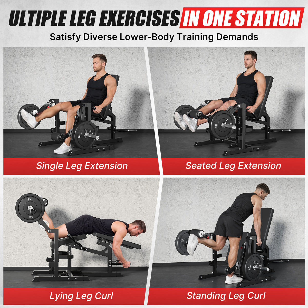 Mitonos Dual Independent Leg Machine Adjustable Unilateral Lower Body Training Equipment Plate Loaded Leg Extension and Leg Curl Machine for Home Gym,Black with 70LBS Black Weight Plates Set