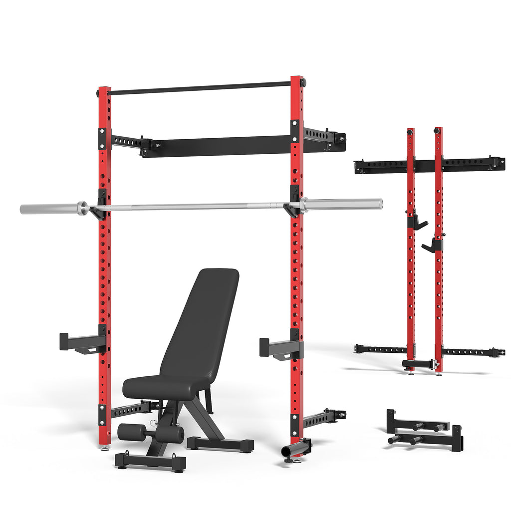 MITONOS Wall Mount Foldable Squat Power Rack, Compact 1100 lbs Weight Capacity Home Gym Training Station,Heavy-Duty Steel Space Efficient Workout Frame with Pull-up Bar and 360° Landmine,Red