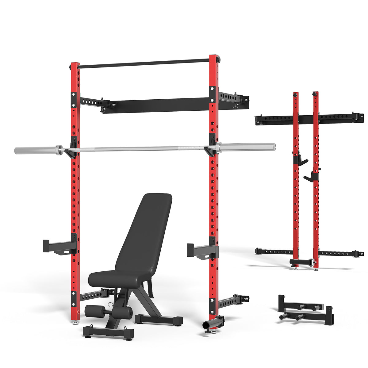 MITONOS Wall Mount Foldable Squat Power Rack, Compact 1100 lbs Weight Capacity Home Gym Training Station,Heavy-Duty Steel Space Efficient Workout Frame with Pull-up Bar and 360° Landmine,Red