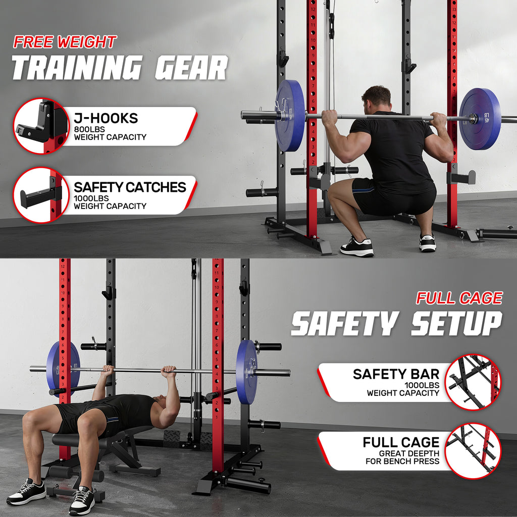 Power Rack Power Cage with LAT Pulldown Attachment and Pull Up Bar,2000LBS Squat Rack for Home Gym
