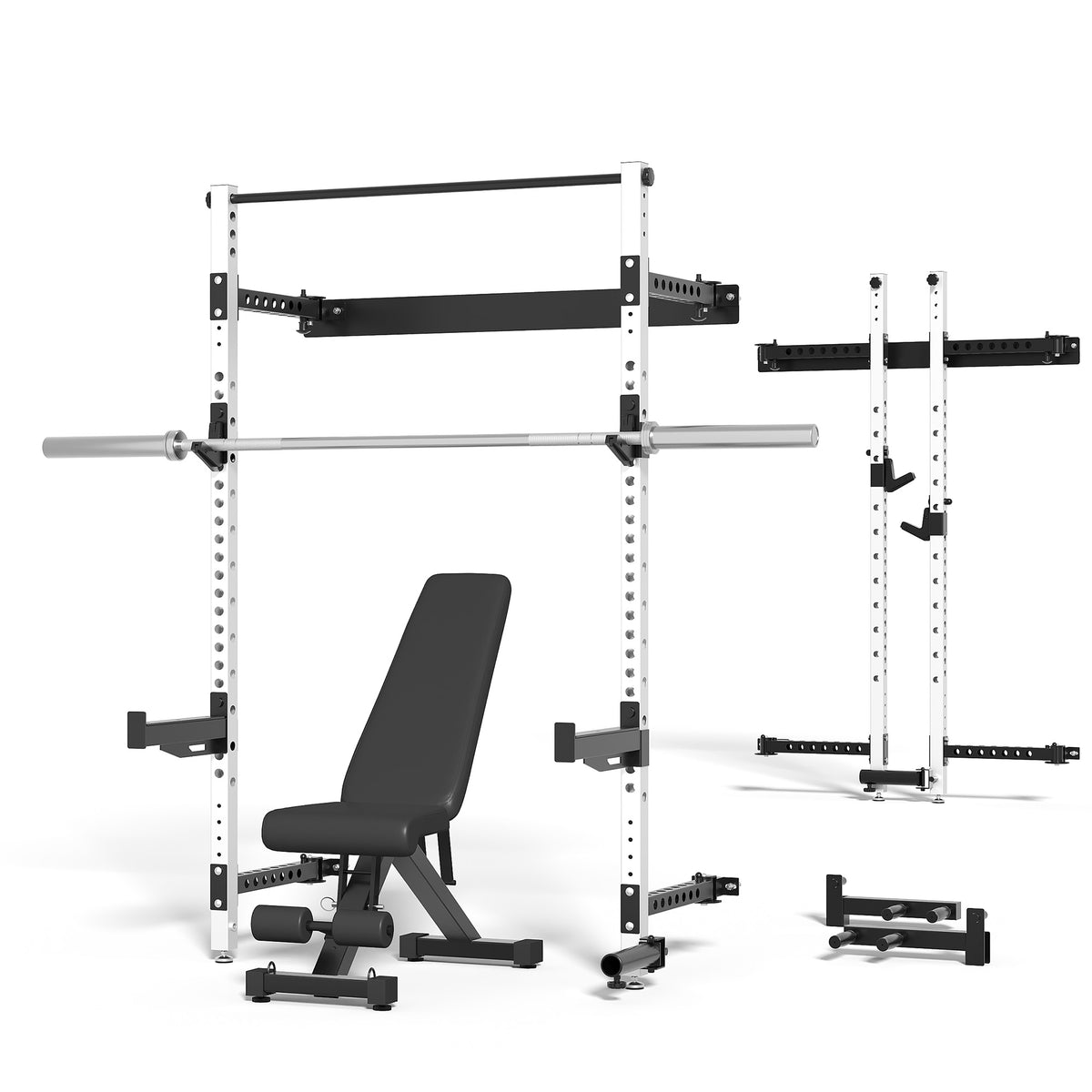 MITONOS Wall Mount Foldable Squat Power Rack, Compact 1100 lbs Weight Capacity Home Gym Training Station,Heavy-Duty Steel Space Efficient Workout Frame with Pull-up Bar and 360° Landmine,White Machine with Barbell and Bench