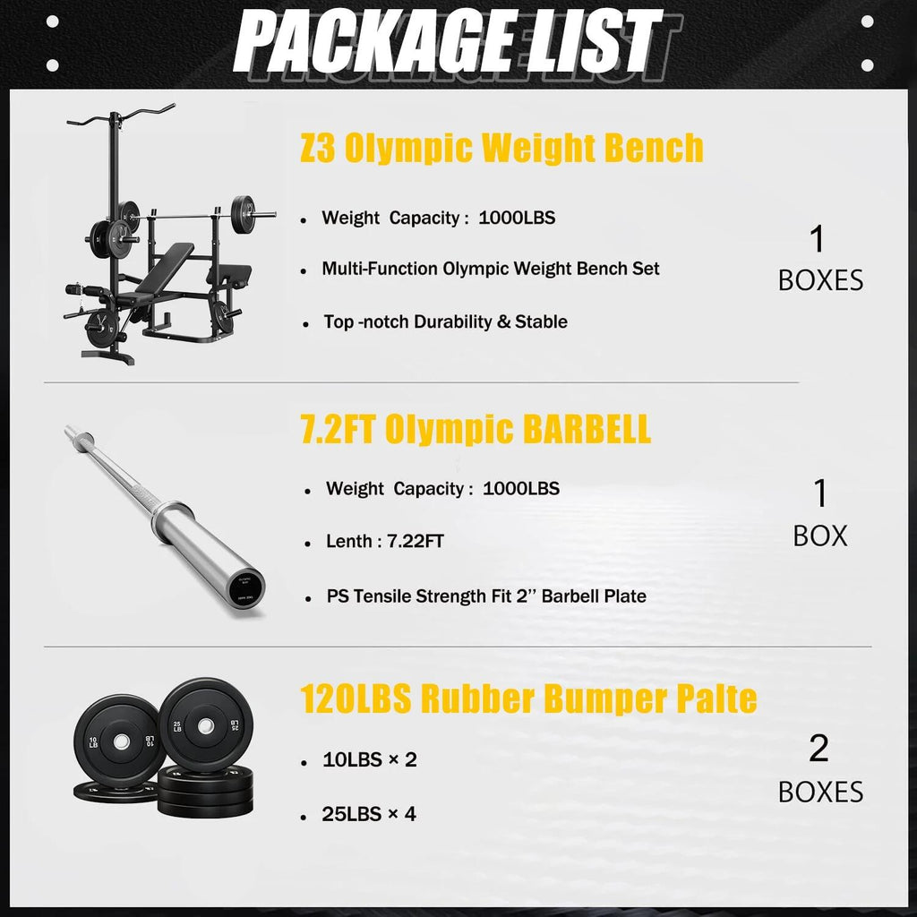 900LBS Olympic Weight Bench,9 in 1 Multifunction Strength Training Bench with Leg Extension,Preacher Curl Pad and LAT Pulldown for Home Gym with Olympic Bar and 120lb Weight Plates,Black