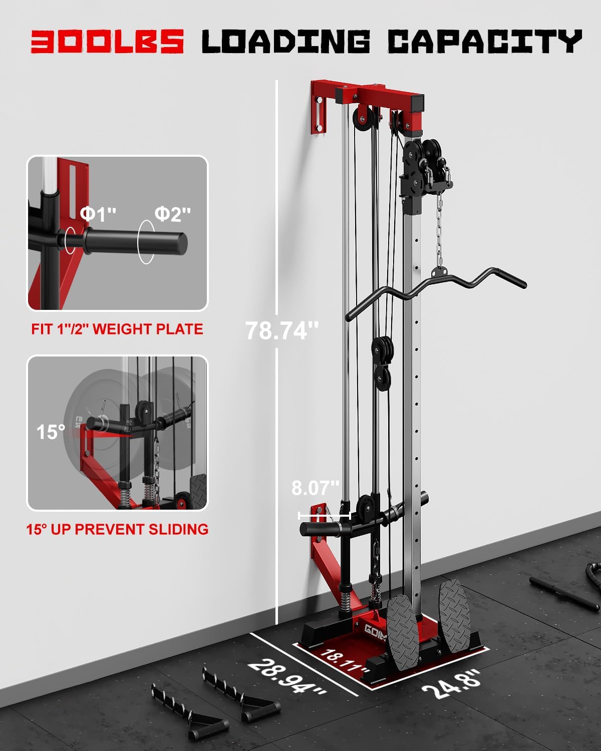 Mitonos Cable Crossover Machine, Wall Mount LAT Pull Down Machine with 18 Positions Dual Pulley System with Removable Footplate for Garage Home Gym