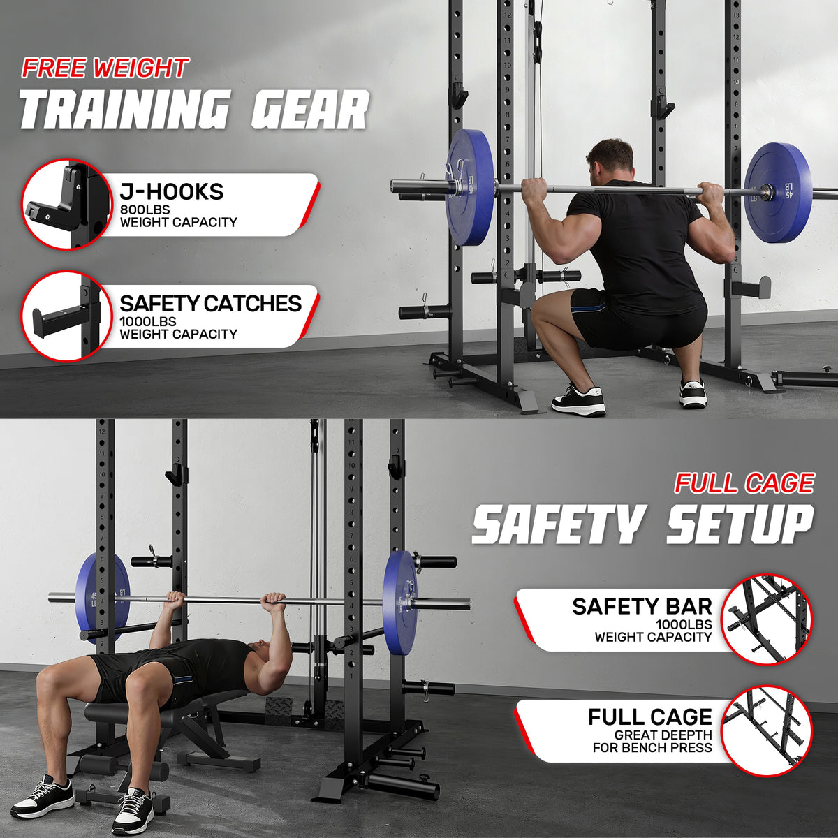 MITONOS Power Cage, 2000LBS Squat Rack with LAT Pulldown, Multi-Function Power Rack Strength Training Machine, Weight Lifting Equipment with More Attachments for Home Gym Garage