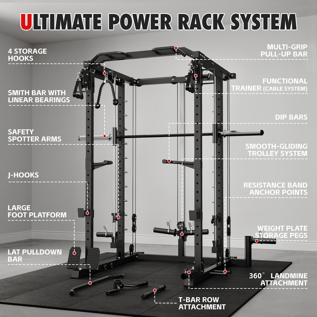 Mitonos Multi-Function Smith Power Cage, 2000 LBS Heavy Duty Squat Rack with Dual Cable Crossover System, All-in-One Home Gym Strength Training Frame with Fitness Accessories