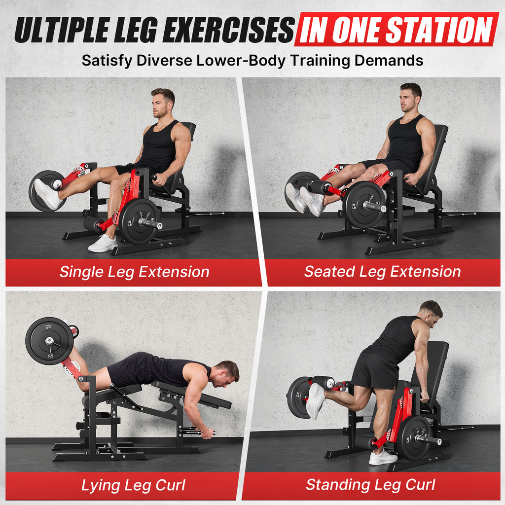 Mitonos Dual Independent Leg Machine Adjustable Unilateral Lower Body Training Equipment Plate Loaded Leg Extension and Leg Curl Machine for Home Gym,Red with 190LBS Colorful Weight Plates Set