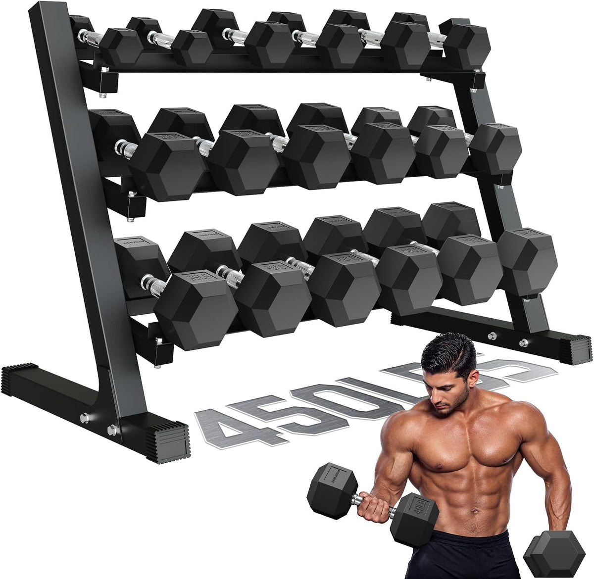 MITONOS 450lbs Dumbbell Sets with Rack, Rubber Hex Dumbbells, Free Weight set for Home Gym, Hand Weights with Chrome Handle for Strength Training