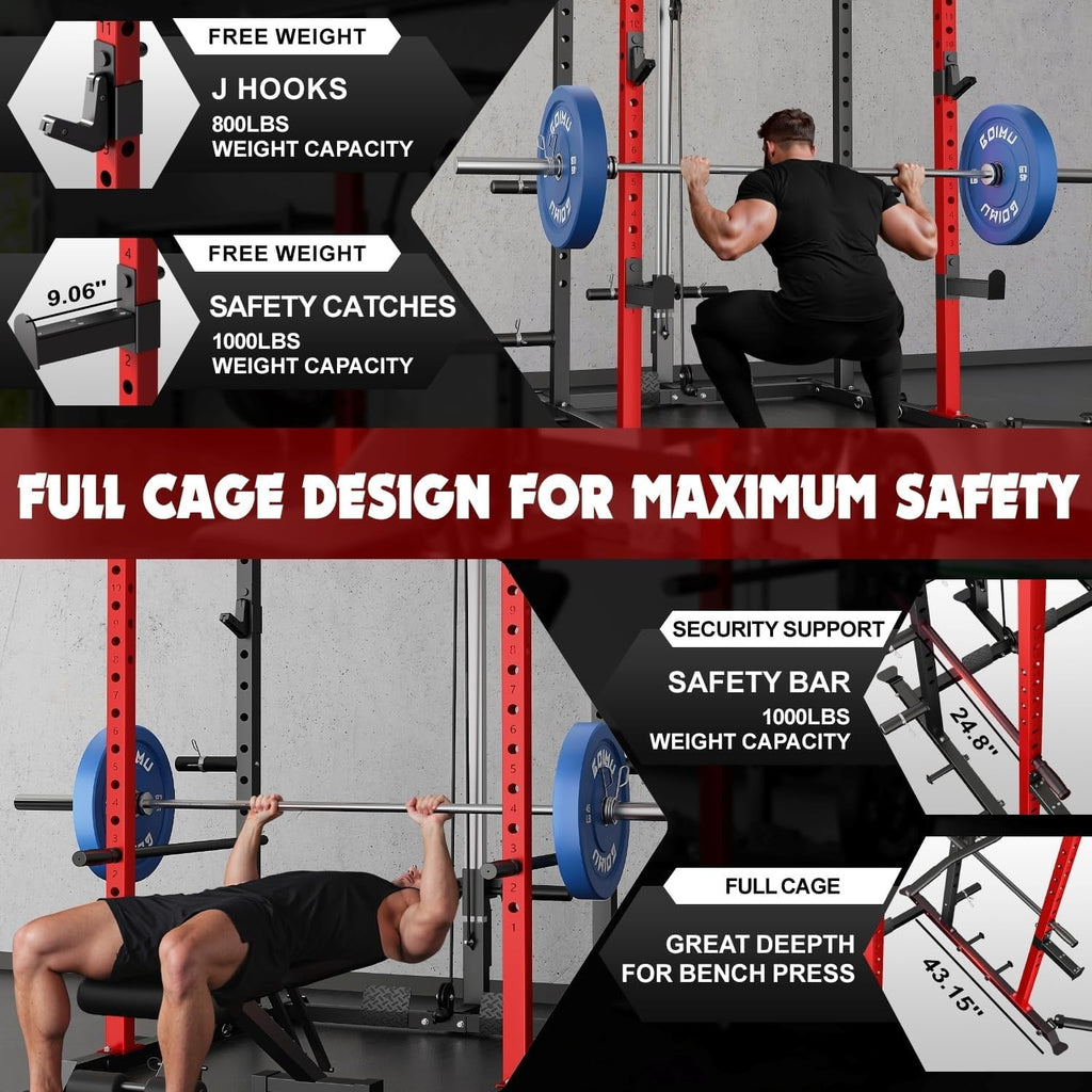 Power Cage, 2000LBS Squat Rack with LAT Pulldown, Multi-Function Weight Cage Strength Training Machine, Workout Cage with More Attachments for Home Gym Garage