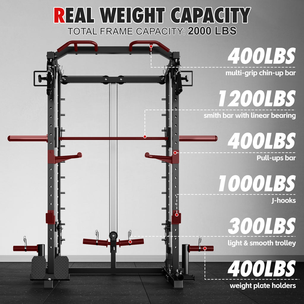 Mitonos Multi-Function Smith Power Cage, 2000 LBS Heavy Duty Squat Rack with Dual Cable Crossover System, All-in-One Home Gym Strength Training Frame with Fitness Accessories