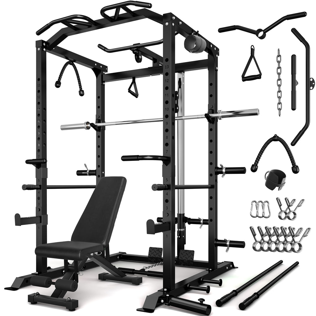 MITONOS Power Cage, 2000LBS Squat Rack with LAT Pulldown, Multi-Function Power Rack Strength Training Machine, Weight Lifting Equipment with More Attachments for Home Gym Garage