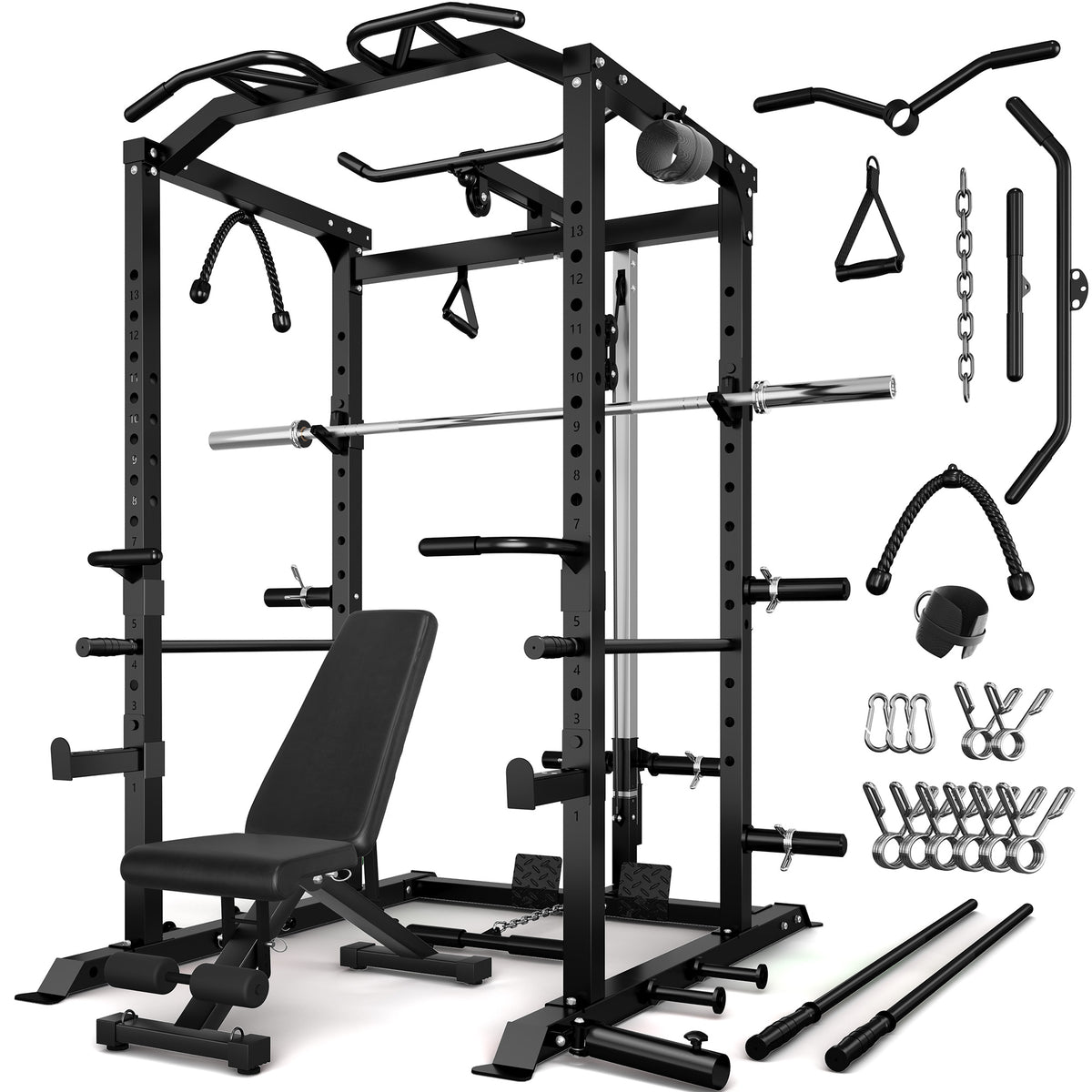 MITONOS Power Cage, 2000LBS Squat Rack with LAT Pulldown, Multi-Function Power Rack Strength Training Machine, Weight Lifting Equipment with More Attachments for Home Gym Garage