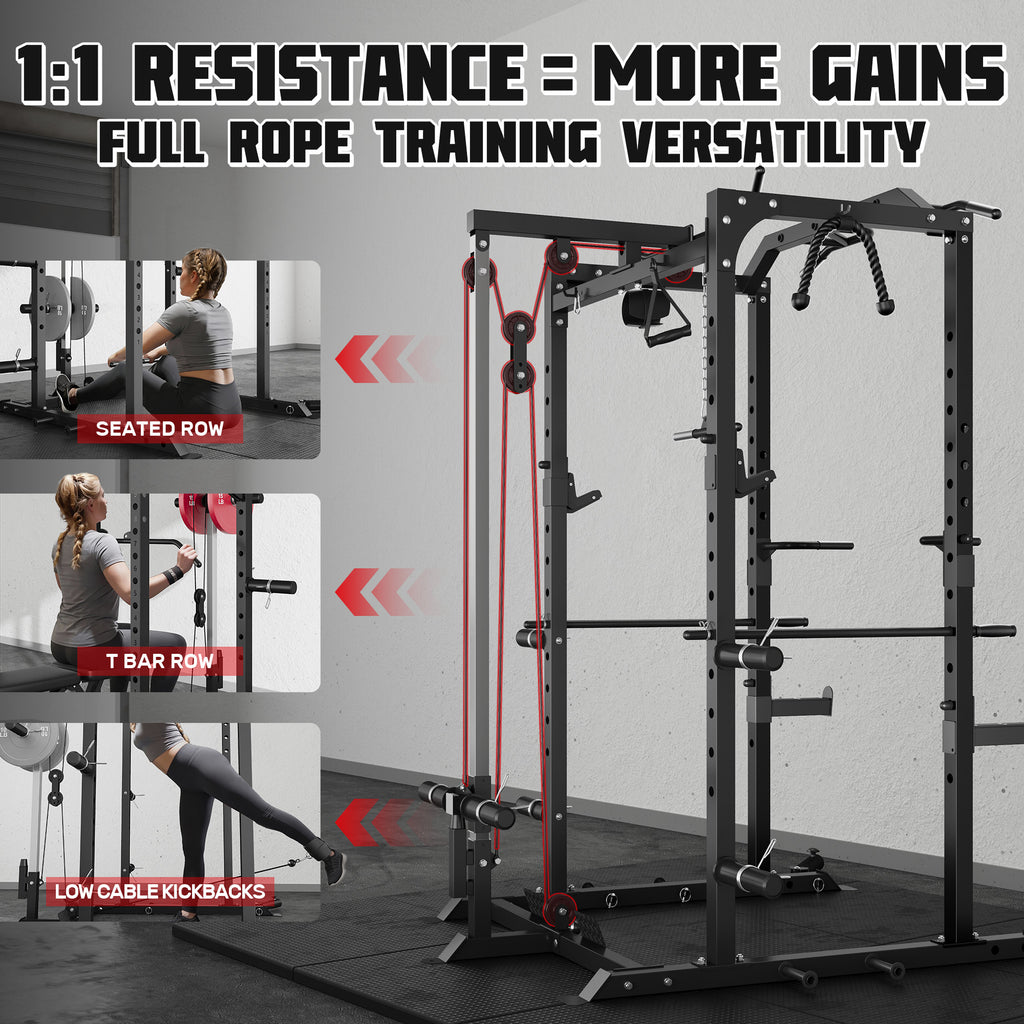 MITONOS Power Cage, 2000LBS Squat Rack with LAT Pulldown, Multi-Function Power Rack Strength Training Machine, Weight Lifting Equipment with More Attachments for Home Gym Garage