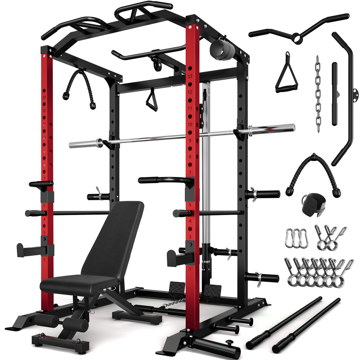 Power Rack Power Cage with LAT Pulldown Attachment and Pull Up Bar,2000LBS Squat Rack for Home Gym