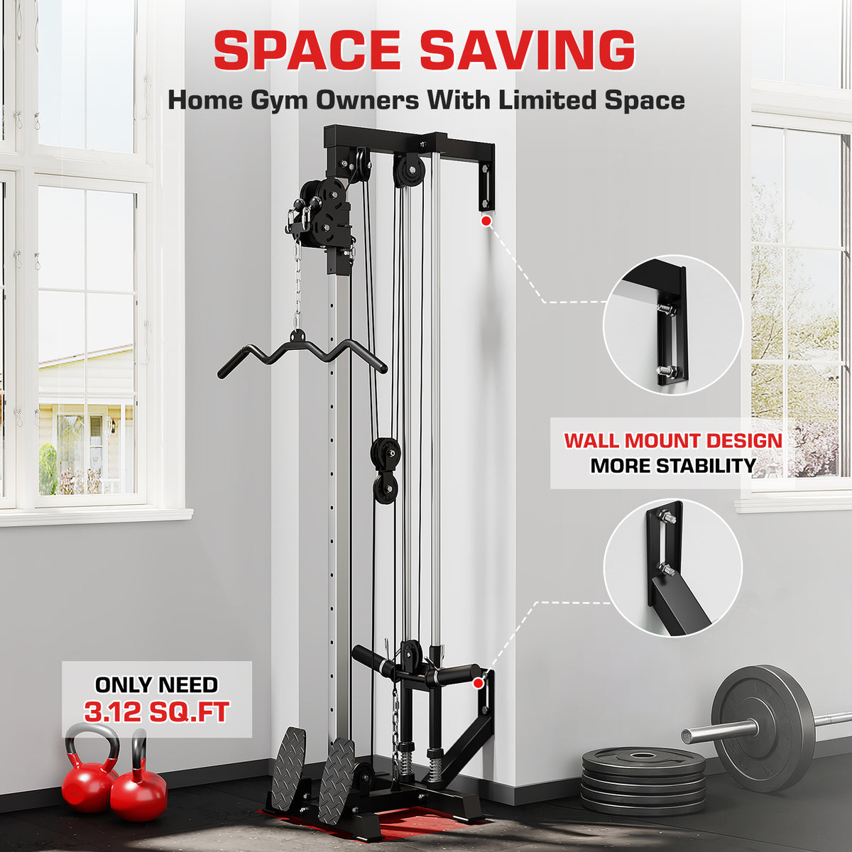 Mitonos Cable Crossover Machine,Wall Mount Cable Station with Adjustable 18 Positions Dual Pulley System,Lat Pull Down Machine with 400LBS Weight Stack for Home Gym Fitness