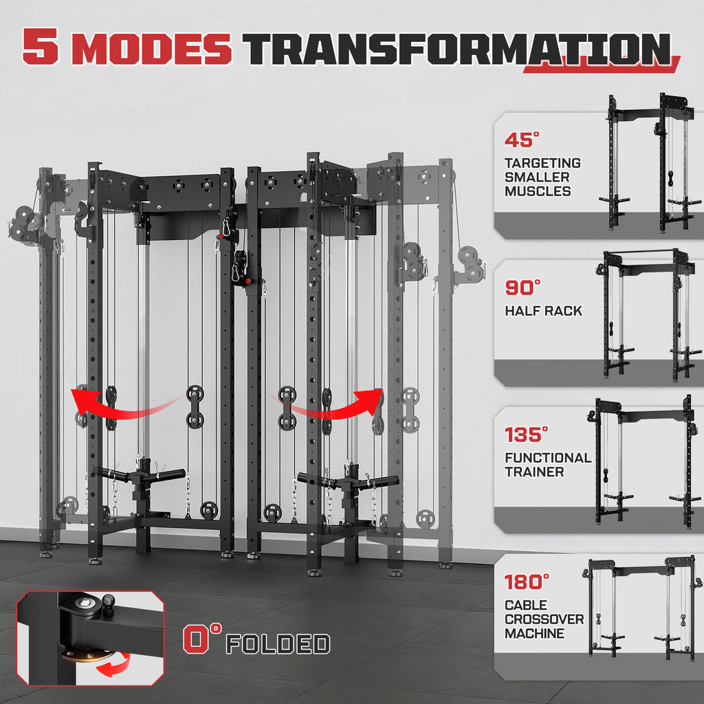 MITONOS Wall Mounted Folding Squat Rack 1200LBS, Power Rack with Dual Cable Crossover Pulley System, Pull Up Bar and Lat Pulldown Attachment, Functional Trainer for Home Gym Black