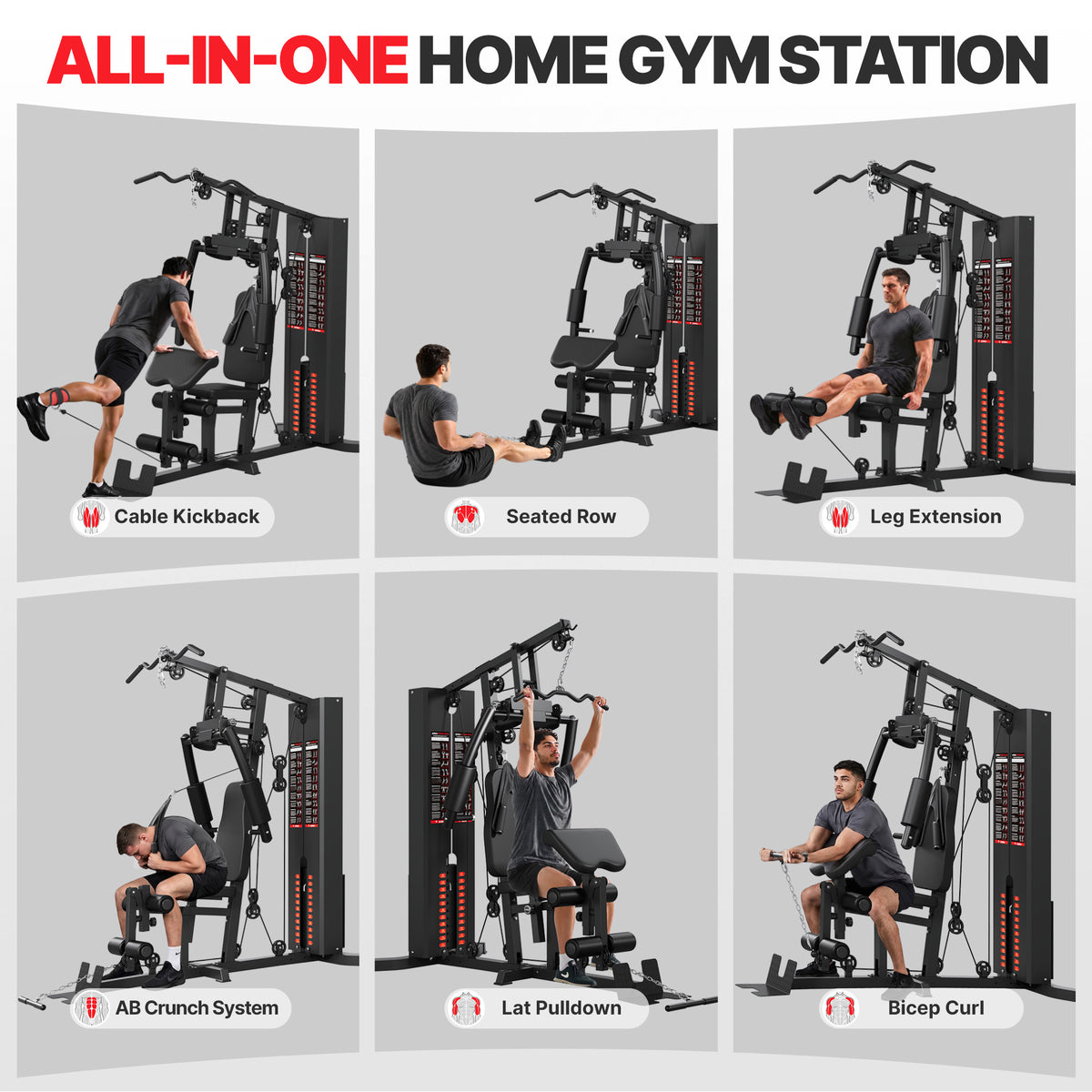 Home Gym System,Workout Station with 140lbs Weight Stack,All in One Home Gym Equipment with Pulley System,Seated Row,Leg Extension for Full Body Strength Training