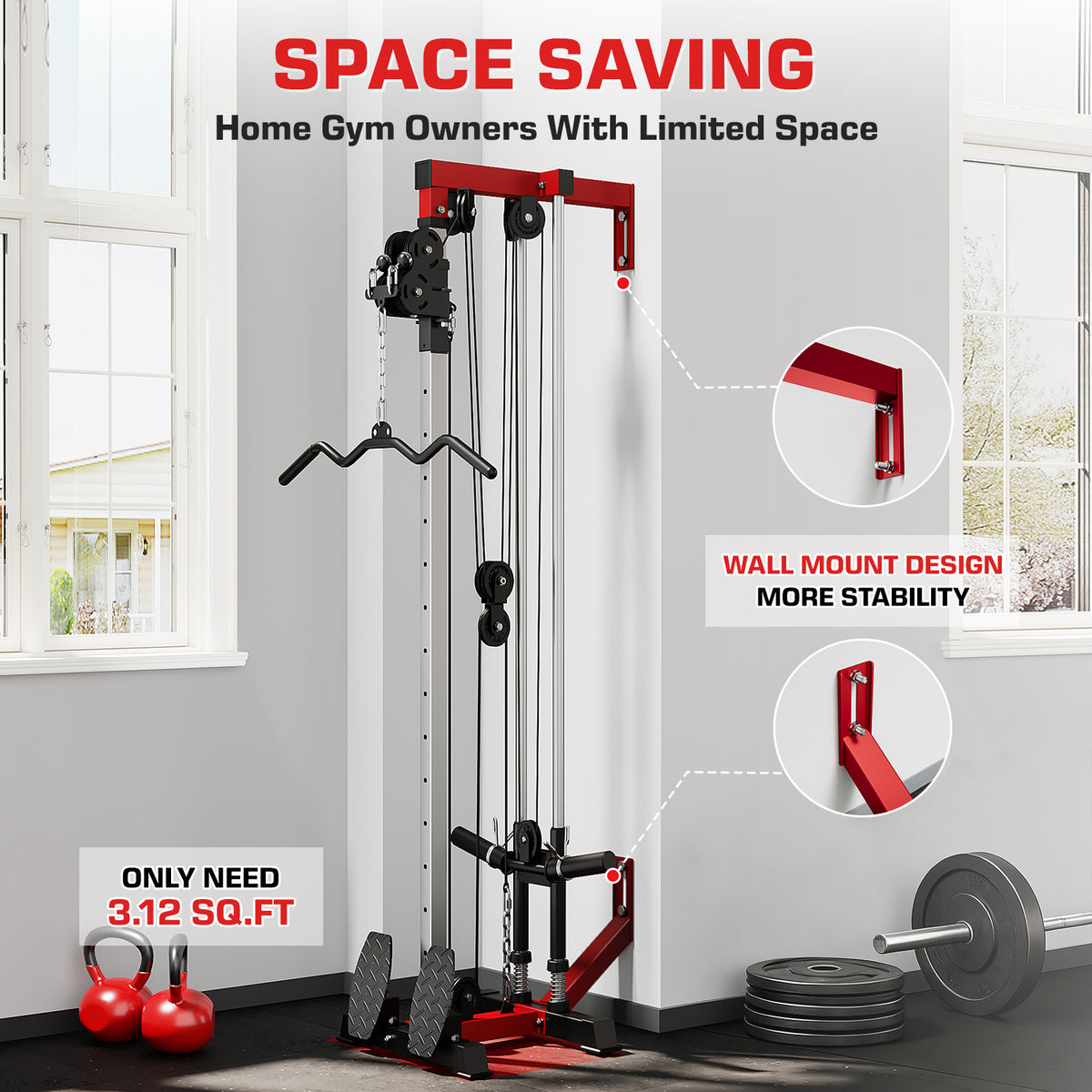 Mitonos Cable Crossover Machine,Lat Pull Down Machine with Adjustable 18 Positions Dual Pulley System,Wall Mount Cable Station with 400LBS Weight Stack for Home Gym Fitness
