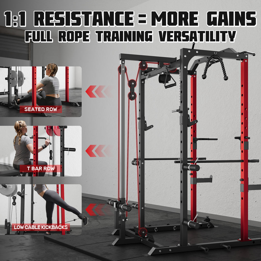 Power Rack Power Cage with LAT Pulldown Attachment and Pull Up Bar,2000LBS Squat Rack for Home Gym