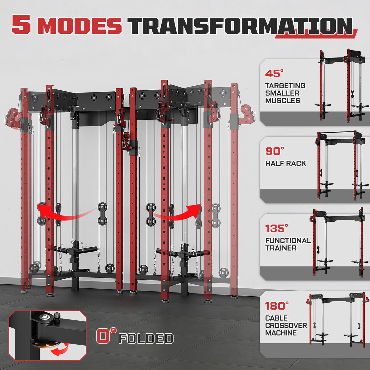 Foldable Power Rack Cage,1200 LBSWall Mounted Squat Rack, 5 Adjustable Modes, Functional Trainer for Space Saving Home Gym with 1000 LB Weight Bench and Barbell ,Red