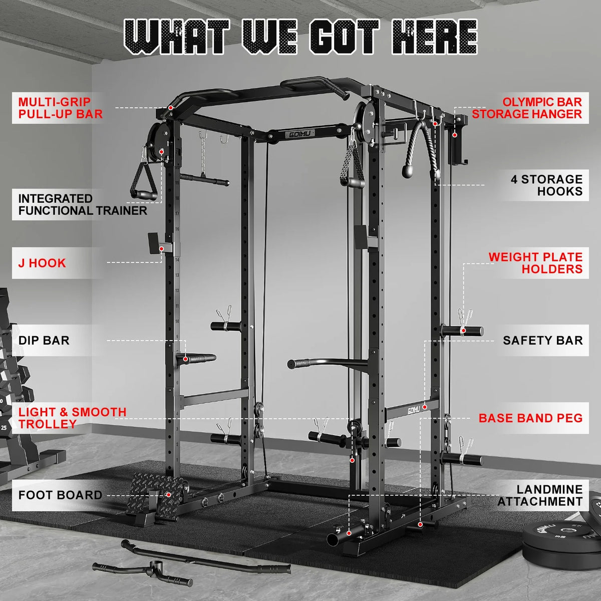 MITONOS Power Cage, 2000LB Squat Rack with Cable Crossover System, Multi-Function Weight Cage, Home Gym Workout Machine with More Training Attachments, BK