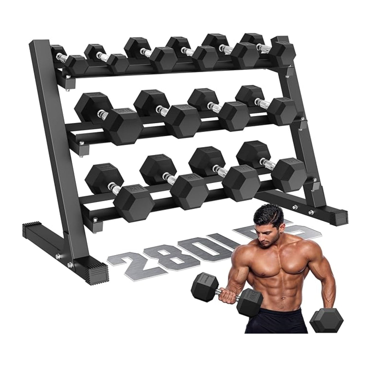 MITONOS 280/360 Dumbbell Sets with Rack, Rubber Hex Dumbbells, Free Weight set for Home Gym, Hand Weights with Chrome Handle for Strength Training