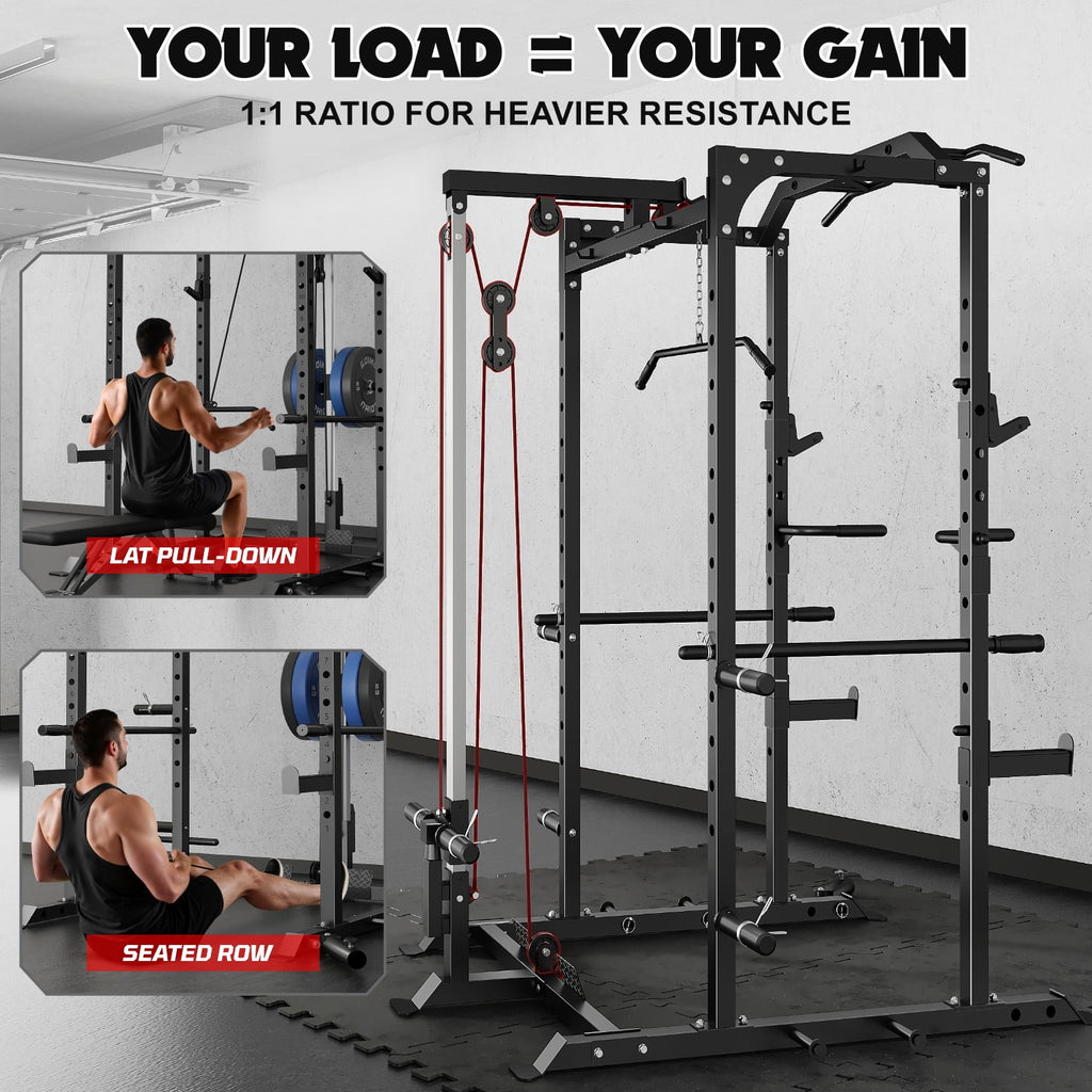 MITONOS Power Cage, 2000LBS Squat Rack with LAT Pulldown, Multi-Function Power Rack Strength Training Machine, Weight Lifting Equipment with More Attachments for Home Gym Garage , BK