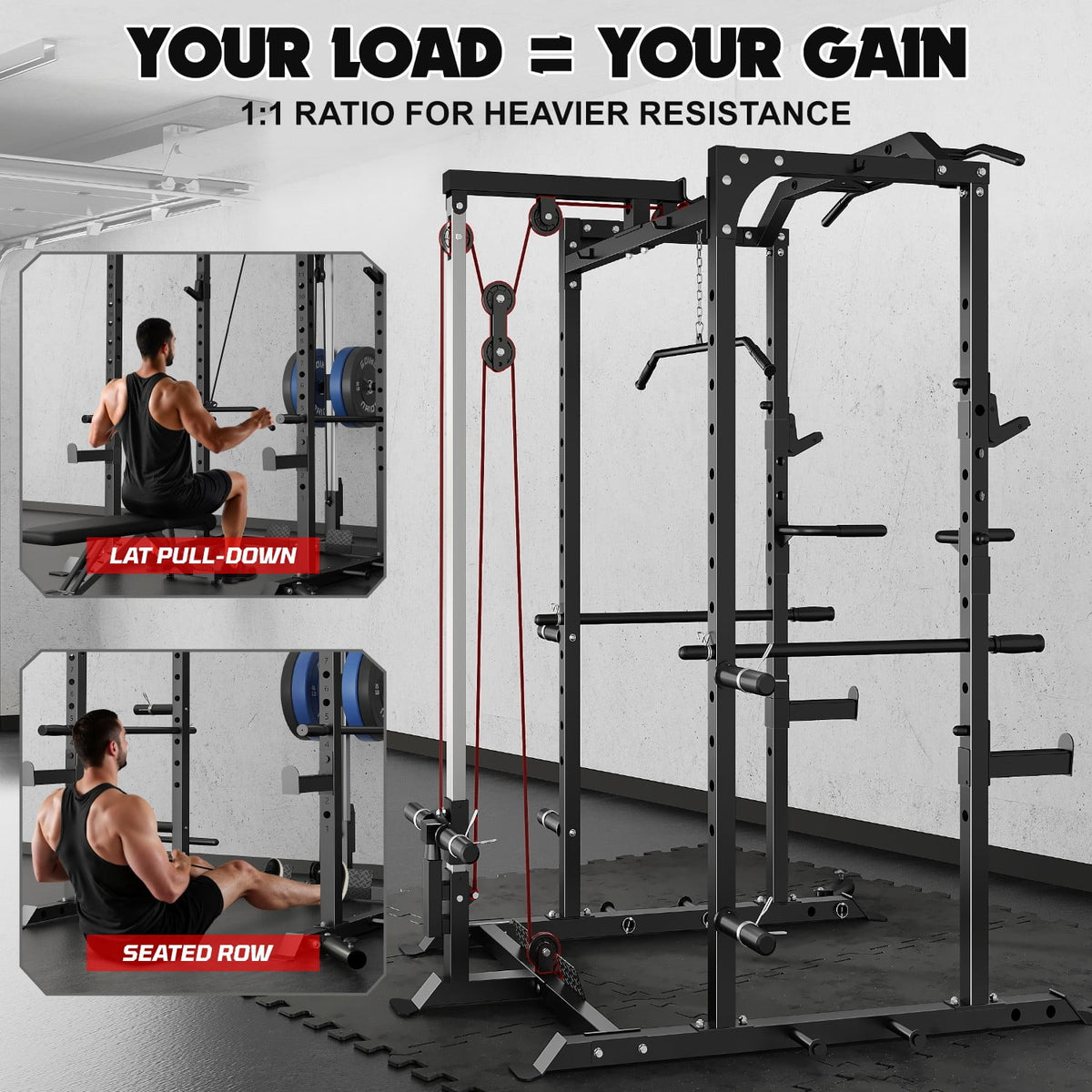 MITONOS Power Cage, 2000LBS Squat Rack with LAT Pulldown, Multi-Function Power Rack Strength Training Machine, Weight Lifting Equipment with More Attachments for Home Gym Garage , BK