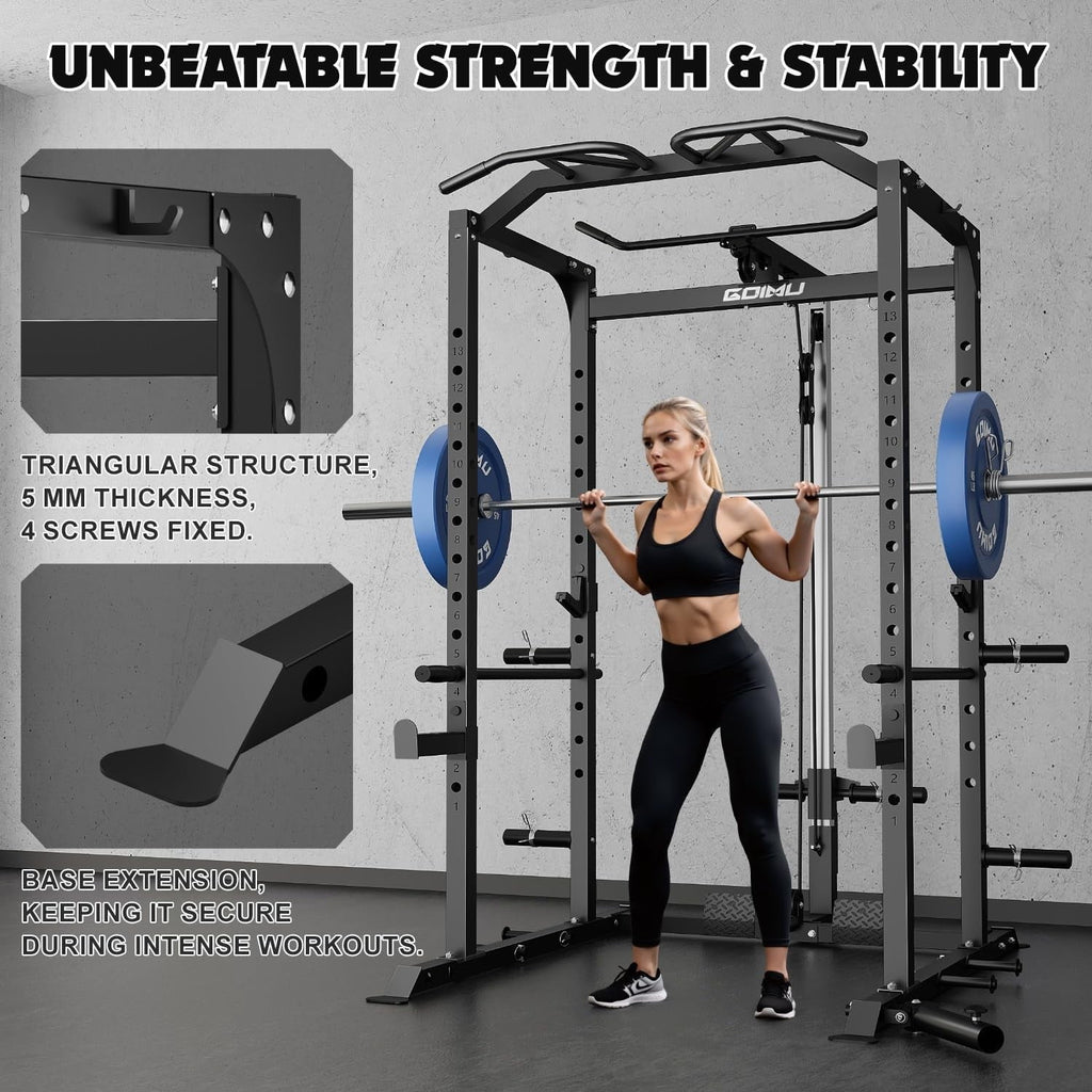 Power Cage, 2000LBS Squat Rack with LAT Pulldown, Multi-Function Weight Cage Strength Training Machine, Workout Cage with More Attachments for Home Gym Garage