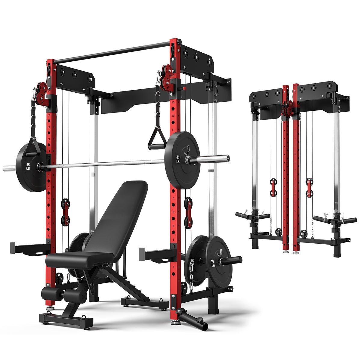 Wall Mounted Folding Squat Rack,1200 LBS Power Rack with Dual Independent Pulley System, 5 Adjustable Modes, Functional Trainer for Space Saving Home Gym with 1000 LB Weight Bench and Barbell ,Red